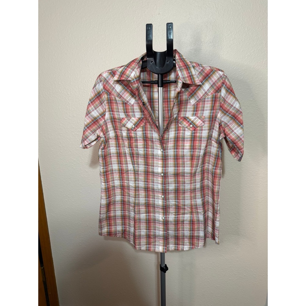 Wrangler Womens Plaid Western Pearl Snap Shirt Short Sleeve Orange Pink Medium